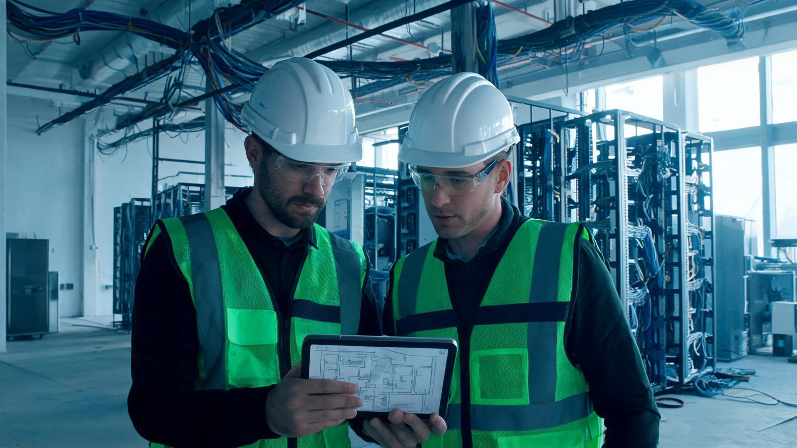 Engineers reviewing drawings during site delivery